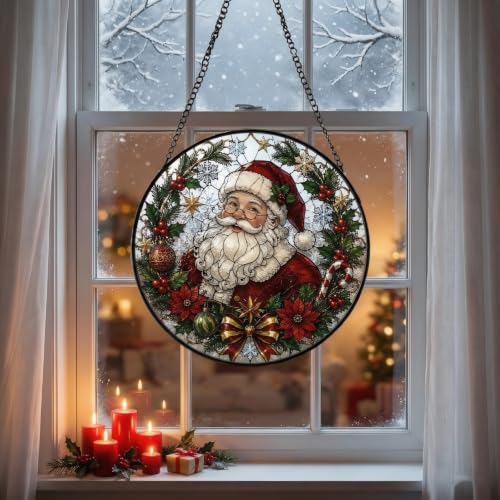 Christmas Santa Claus Stained Glass Suncatcher for Window Hanging - Red Santa, 7.9"