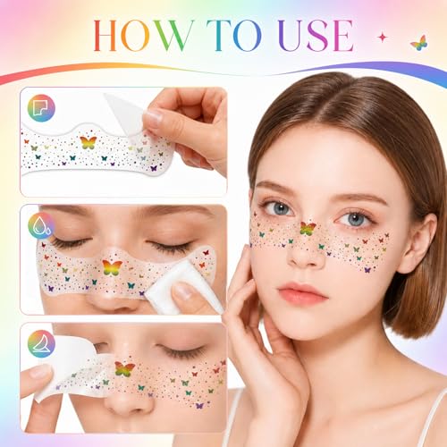 Artlunar 8Pcs Rainbow Butterfly Temporary Face Tattoos with Silver Glitter