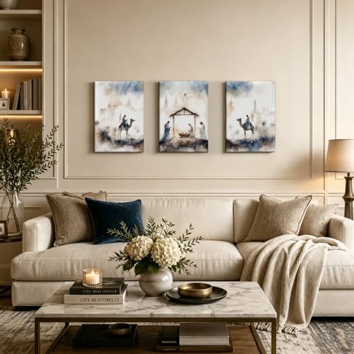 Religious Wall Art Set of 3 Nativity Scene Canvas Prints 16x24 Inches - Blue-Gray