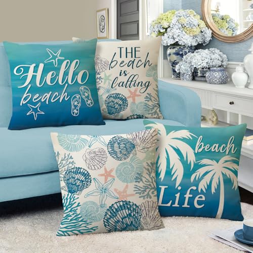 Coastal Beach Throw Pillow Covers 18x18 Set of 4, Nautical Linen Cushion Cases