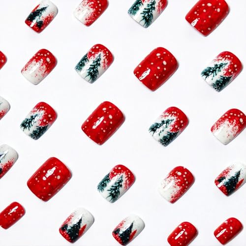 Christmas Press on Nails Short Square Red White Gradient Fake Nails 24 Pcs