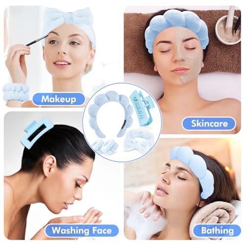 Zkptops 5Pcs Bubble Spa Headband and Wristband Set for Washing Face Blue