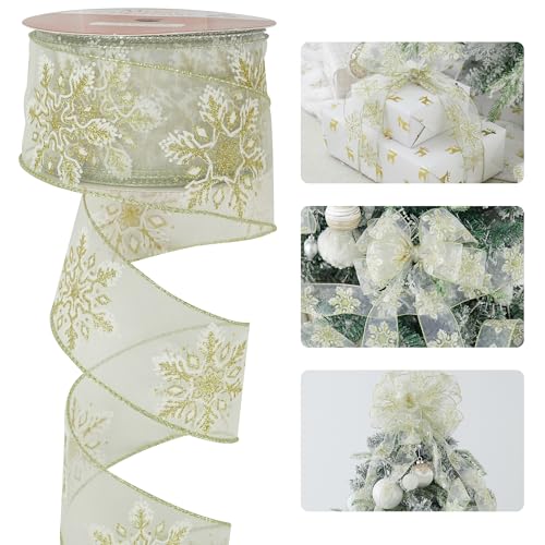 HUIHUANG 2.5" Gold Snowflake Wired Ribbon - 25 Yards for Christmas Decor