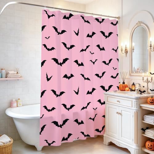 Halloween Shower Curtain with Pink Bats - Waterproof 72x72