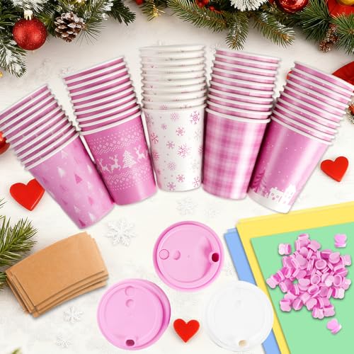 Pink Christmas Coffee Cups with Lids & Sleeves - 16 Oz Disposable Holiday Party Set