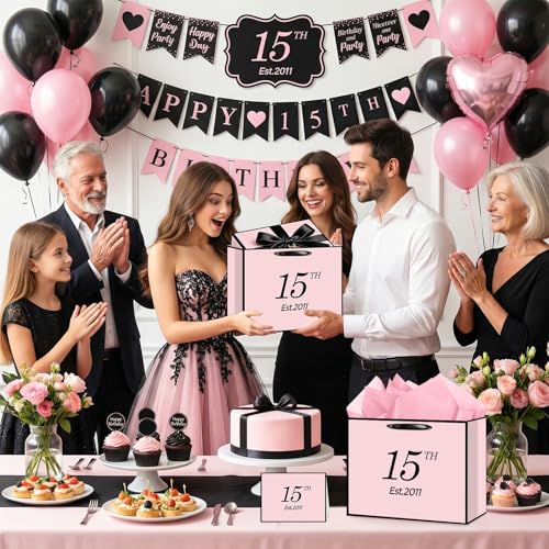 15th Birthday Gift Bag for Girls, Large Pink & Black Est. 2011 Present Bag with Card and Tissue Paper