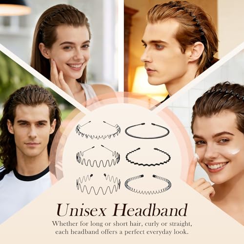 LERNOU Metal Headband for Men, Small Wavy Non-Slip Adjustable 2 Pack