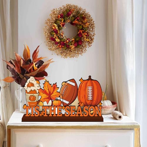 Fall Wooden Table Centerpiece Decor - Football, Pumpkin & Leaf Design, 11.8x6 Inches