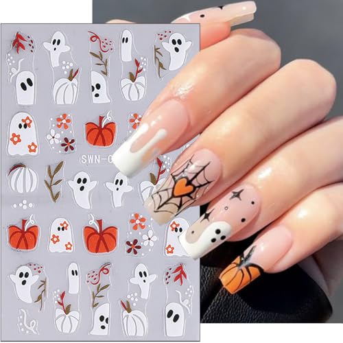 5D Embossed Halloween Nail Stickers, Ghost Spider Web Pumpkin Nail Decals