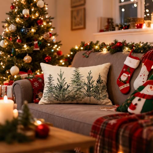 Christmas Winter Trees Lumbar Throw Pillow Cover - 12x20 Inch