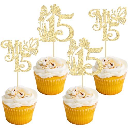 Ephlyn 24Pcs Glitter Cupcake Toppers for 15th Birthday Party