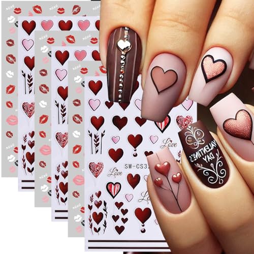 Valentine Nail Stickers - 6 Sheets 3D Self-Adhesive Heart & Lip Decals