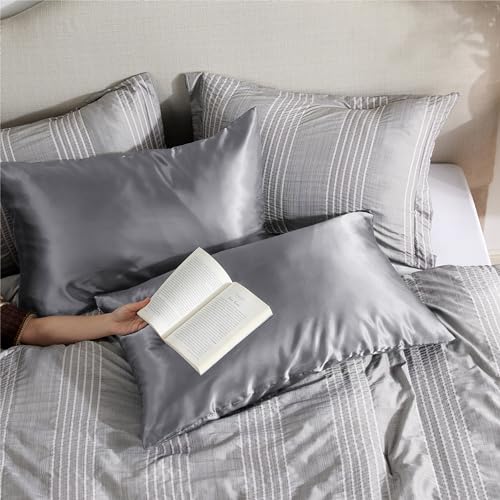 Bedsure King Satin Pillowcase Set of 2 with Zipper - Dark Grey