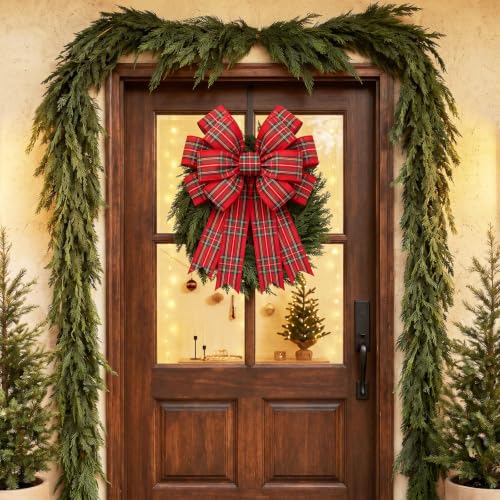 Large Red Christmas Plaid Tartan Bow Wreath Decor - 17.7 x 14.5 Inches