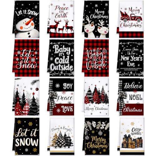 Christmas Kitchen Dish Towels Set - Red Black Buffalo Plaid, 16 Pieces, Holiday Decor
