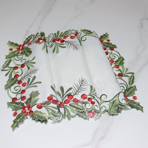13x90 Inch Christmas Table Runner - Embroidered Holly & Red Berries, White, 100% Polyester - Variation of THIS listing: 13x90IN / White