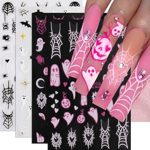 Halloween Nail Stickers 4 Sheets Pink Ghost Spider Web Decals with Rhinestones