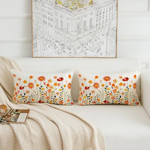 Fall Flowers Lumbar Throw Pillow Covers 12x20 Inch - Set of 2 Farmhouse