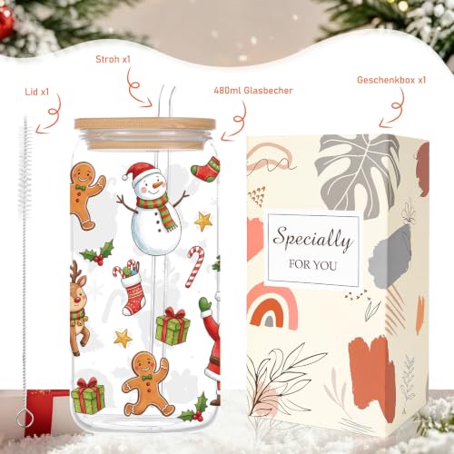 Christmas Glass Cups with Lid and Straw Set - Xmas Holiday Gift, 347 Variation