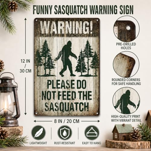 Bigfoot Warning Metal Sign - 8x12 Inch Rustic Aluminum Decor for Man Cave