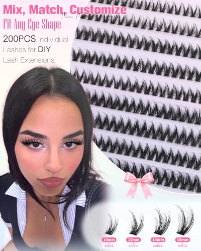 Wispy Lash Clusters 200Pcs Fluffy Individual Eyelash Extensions 10-16mm
