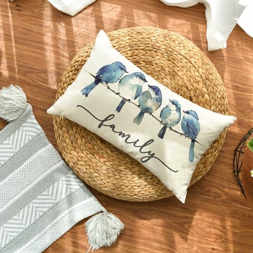 Bluebird Family Watercolor Throw Pillow Cover - 12x20 Inch