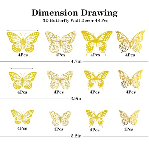 Meikeer 48Pcs 3D Butterfly Wall Decor Stickers - Gold Metallic