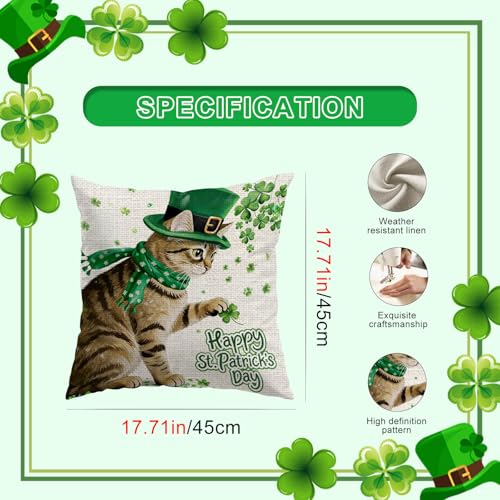 St. Patrick's Day Shamrock Cat Throw Pillow Cover 18x18