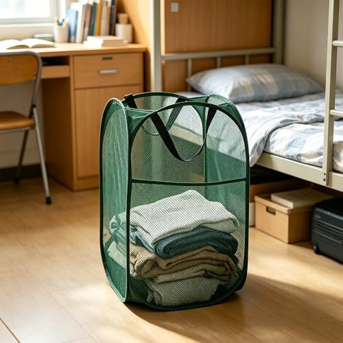 Larpur Pop-Up Laundry Hamper, Collapsible Mesh Clothes Basket - Dark Green