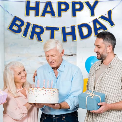 Navy Blue Happy Birthday Banner with Golden Border - 13 Flags