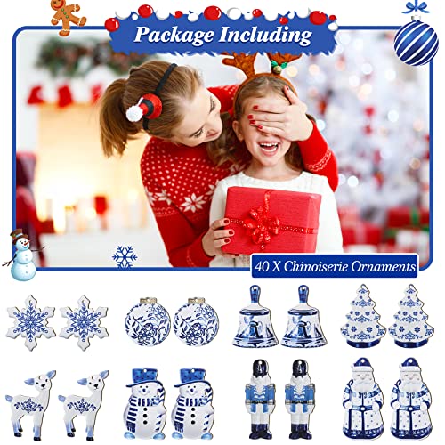 Yookeer 40 Pcs Blue and White Chinoiserie Wooden Snowman Christmas Ornaments - Holiday Decor
