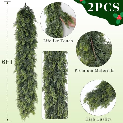 2PCS 6FT Artificial Christmas Cedar Garland Faux Greenery for Mantle Decor
