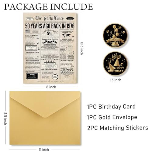 Vintage 50th Birthday Card with Envelope & Stickers - 8x13” Celebratory Greeting Card for Milestone Occasion - BGTCARDS