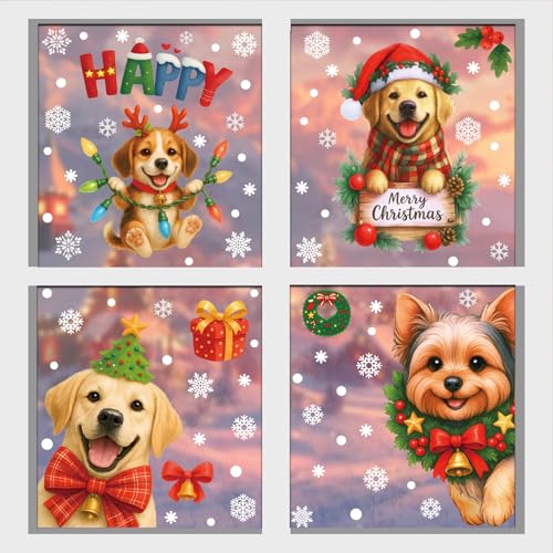 Christmas Window Clings Stickers - Dogs, Snowflakes, Xmas Tree Decorations - 9 Sheets Reusable Static Decals