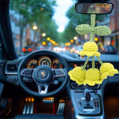 Handmade Knitted Lily Flower Pendant for Car Mirror Decor