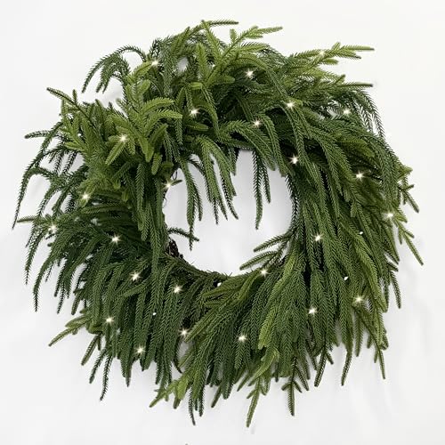 26 Inch Faux Norfolk Pine Wreath with Prelit Christmas Lights - Real Touch Decor