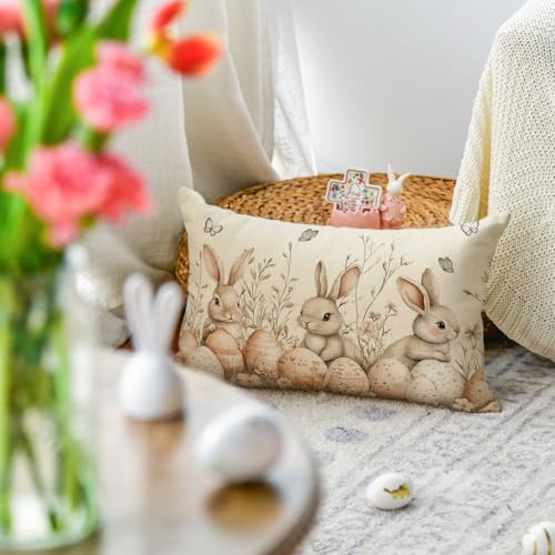 Easter Bunny Flowers Throw Pillow Cover 12x20 Inch - Durable Polyester