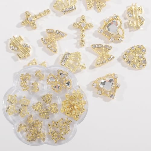 QIMYAR 36Pcs Mixed Shape Gold Nail Rhinestones K9 Glass Crystal Charms