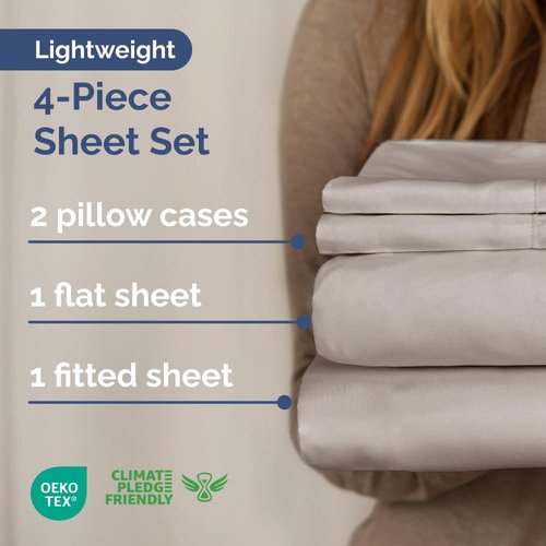 Lightweight Bed Sheet Set by [Brand Name] | Queen Size Cooling Sheets for Hot Sleepers - Breathable Bedding with Deep Pockets - Light Grey