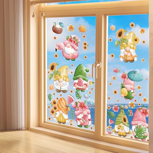 Hianjoo 72 Pcs Summer Gnome Window Clings - Tropical Fruit Decor