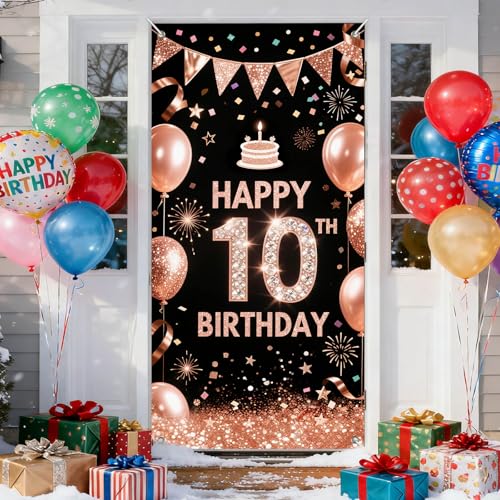 10th Birthday Door Cover - Rose Gold & Black Party Banner 71x35"