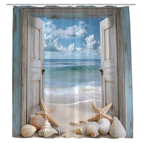 Coastal Beach Shower Curtain 70x70 inch | Nautical Design with Seashells