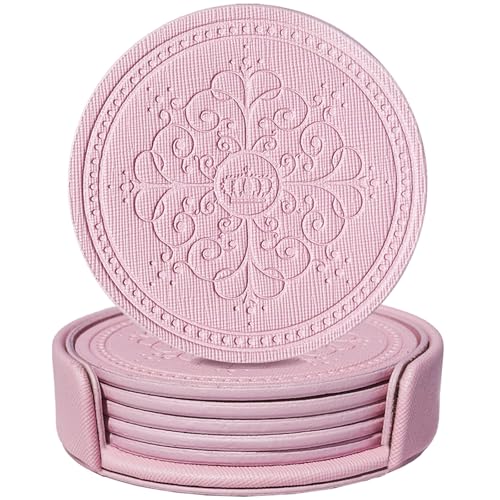 Pink PU Leather Coasters Set of 6 with Holder - Water Resistant Round Pads