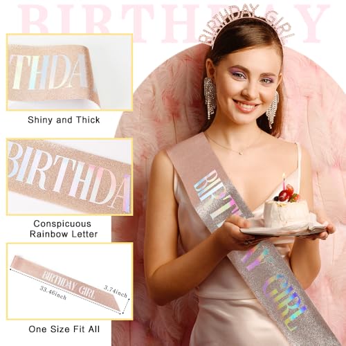 Rose Gold Birthday Girl Tiara and Sash Set - Adjustable Crown & Ribbon