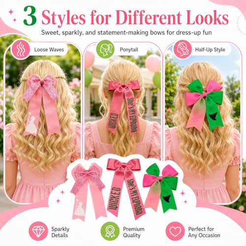 Pink Satin Glitter Hair Bow Clips 3-Pack Long Tail Barrettes