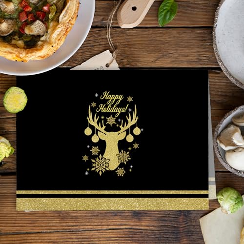 Christmas Reindeer Kitchen Towels Set of 2 - Black & Gold Holiday Decor