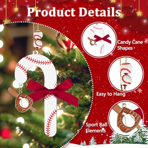 AKAIXI Wooden Baseball Candy Cane Ornaments 4-Pack Easter & Holiday Tree Decor