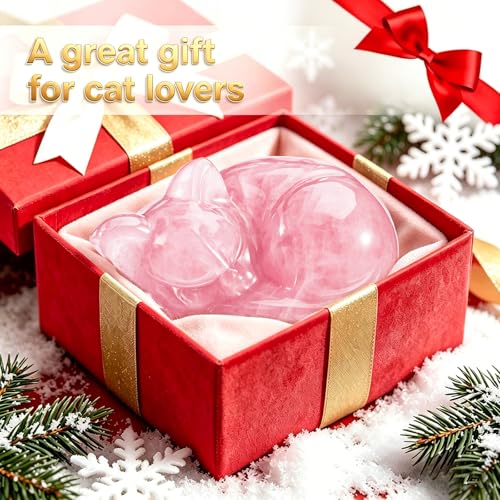 EZEELAI 2" Sleeping Cat Crystal Figurine - Pink Rose Quartz