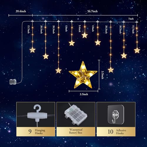 Quntis Warm White Christmas Window Lights with 76 LEDs & 9 Stars - Battery Operated Indoor Decor with 8 Modes & Timer