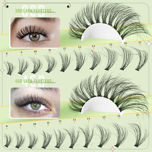 Yaiseiko DIY Lash Extension Kit - Natural 30+45D Individual Clusters, Bond, Seal & Tweezers (8-17mm)